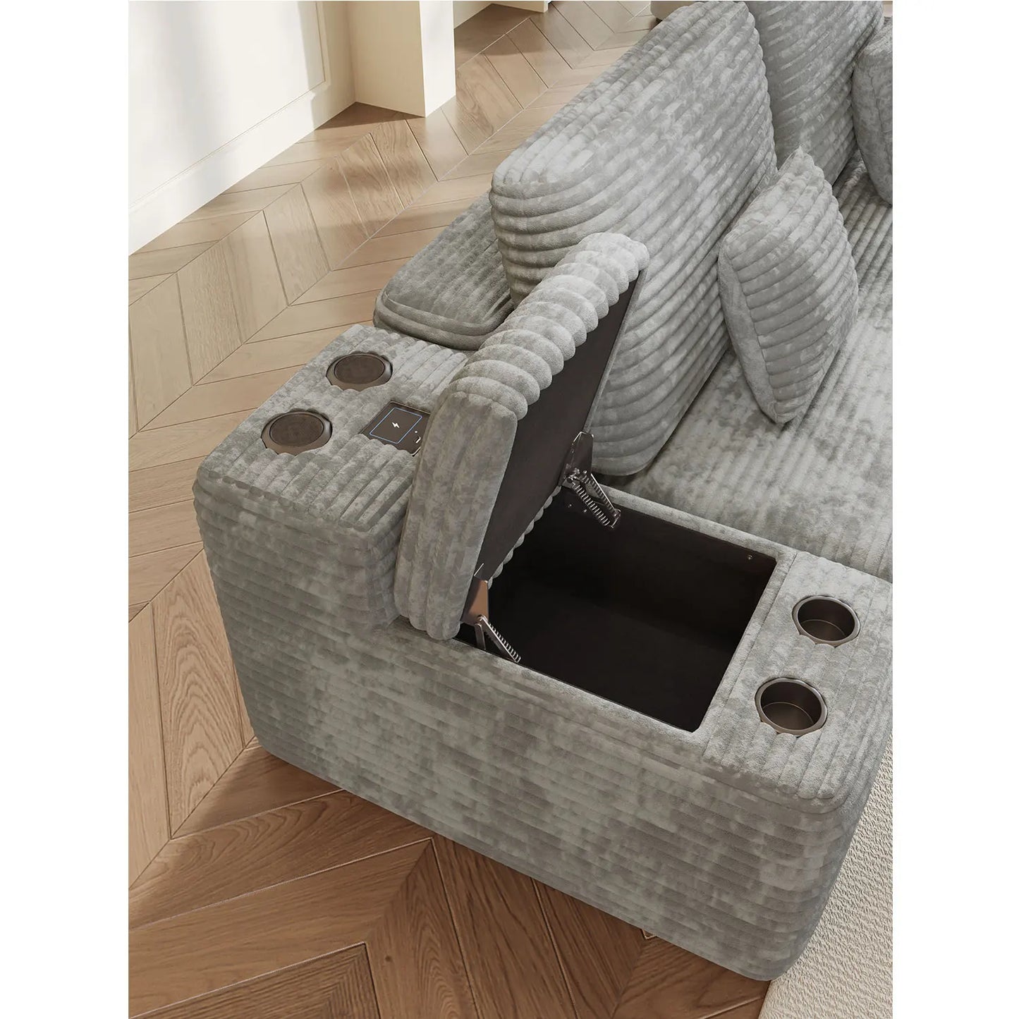 Light Grey Comfy U-Shaped Sectional Sofa Bed with 2 Foldable Ottomans Plush Corduroy Fabric for Living Room