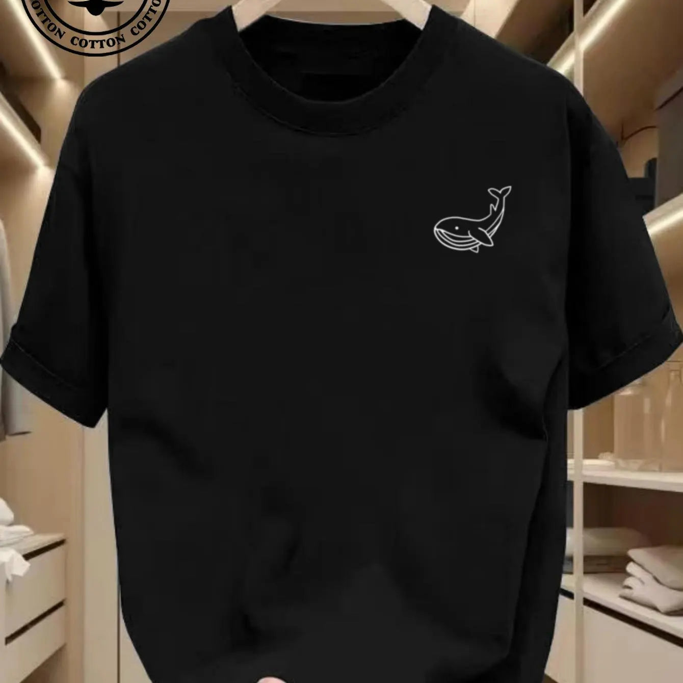 Men's Summer 100 Cotton Fashionable Casual Sports Loose Large Whale Pattern Printed Round Neck Short Sleeve T-shirt Top