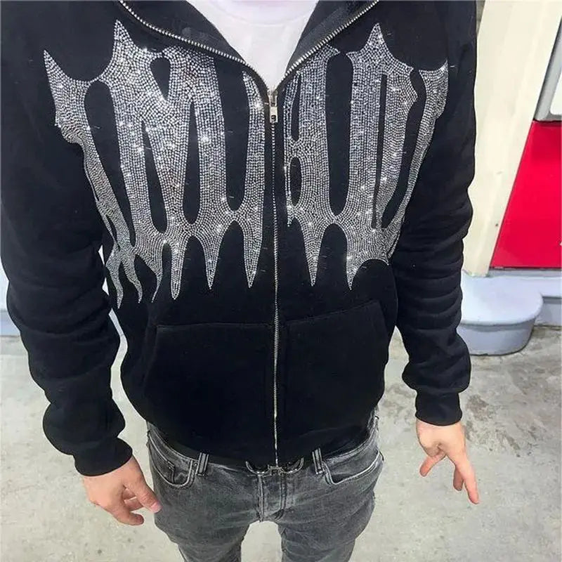 Price shown before tax Rhinestone Full Zip Hoodie Skeleton Goth Sweatshirt Pull Long Sleeve Black Hoodies Y2k Fashion Men's Wome