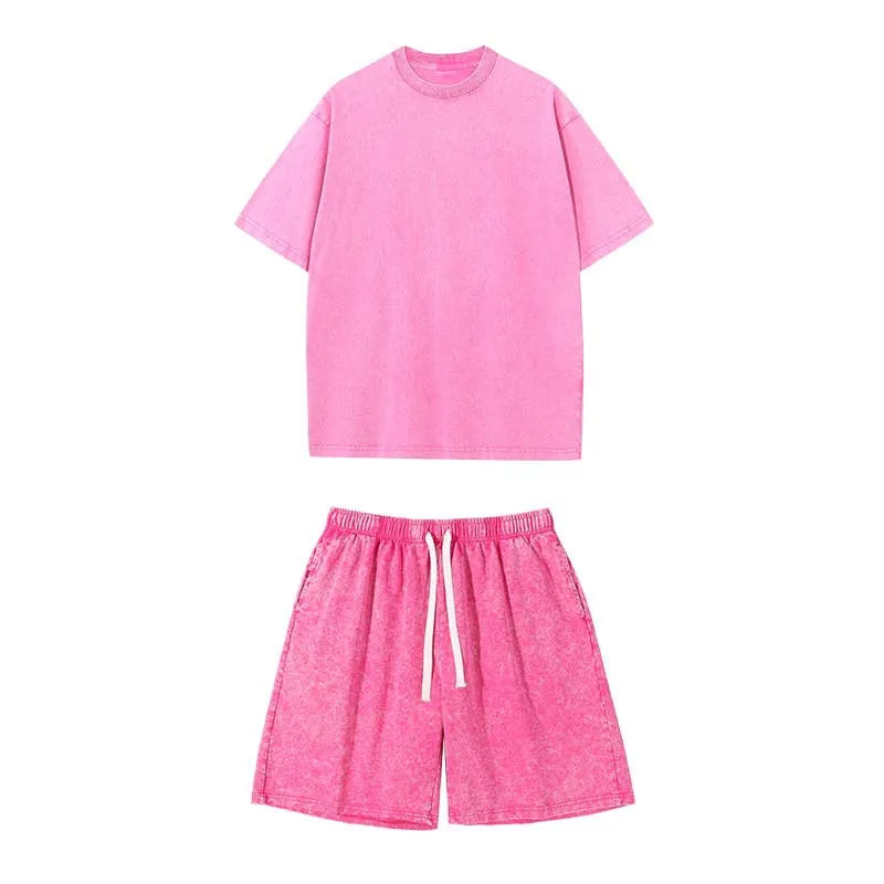 Washed and aged short-sleeved T-shirt and shorts set. Unisex. European size. Stir-fried snowflake design. Summer top set.