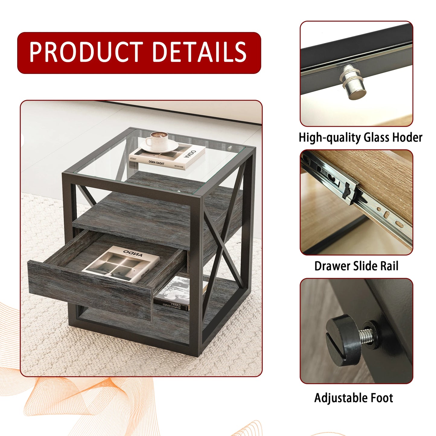 Modern Glass Top Modern 2-layer Side Table End Table with Drawer - Nightstand for Living Room Furniture Ready to Ship