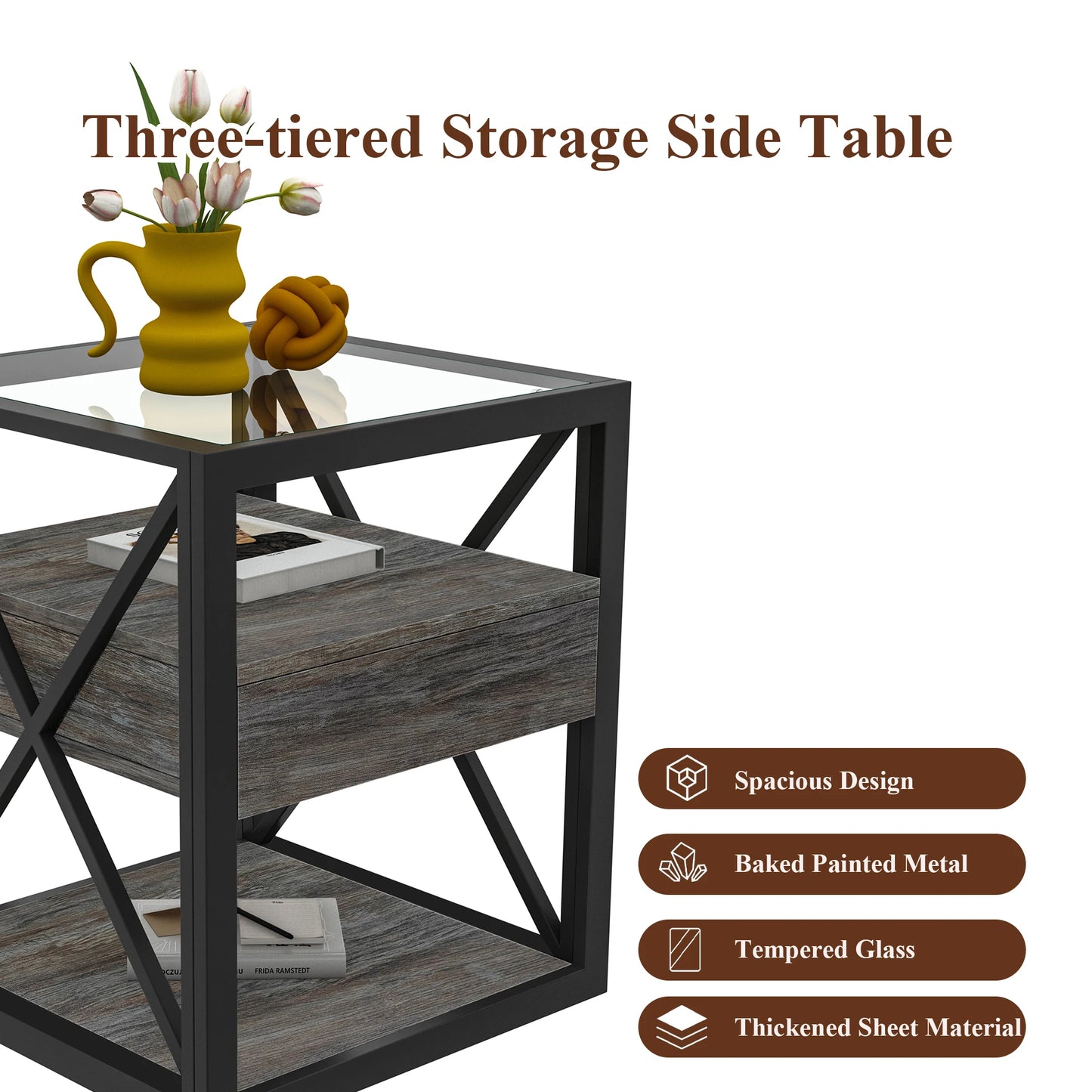 Modern Glass Top Modern 2-layer Side Table End Table with Drawer - Nightstand for Living Room Furniture Ready to Ship