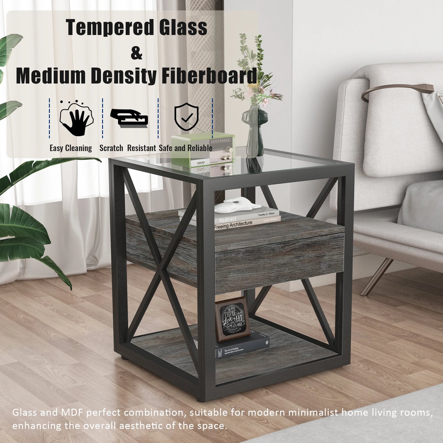 Modern Glass Top Modern 2-layer Side Table End Table with Drawer - Nightstand for Living Room Furniture Ready to Ship