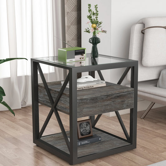 Modern Glass Top Modern 2-layer Side Table End Table with Drawer - Nightstand for Living Room Furniture Ready to Ship