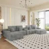 Light Grey Comfy U-Shaped Sectional Sofa Bed with 2 Foldable Ottomans Plush Corduroy Fabric for Living Room
