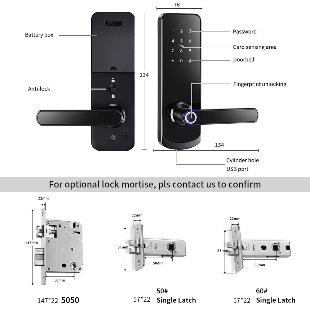 For Smartek Factory Patent Digital Lock Tuya Smartlock App for Wood Doors Aluminum Mortise 5050 Europe Cloud Data Storage Option