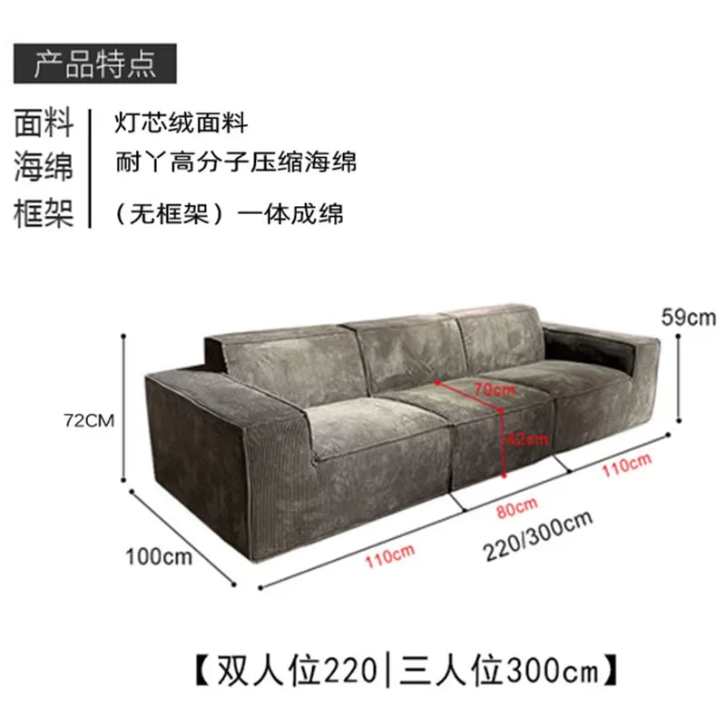 Vacuum-compressed Rolled-up Tofu Block Sofa with Corduroy Fabric, Retro Straight-leg Design, Designer-style Upholstered Sofa.