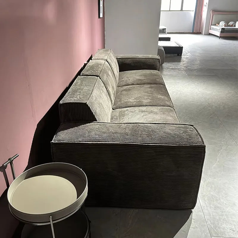 Vacuum-compressed Rolled-up Tofu Block Sofa with Corduroy Fabric, Retro Straight-leg Design, Designer-style Upholstered Sofa.