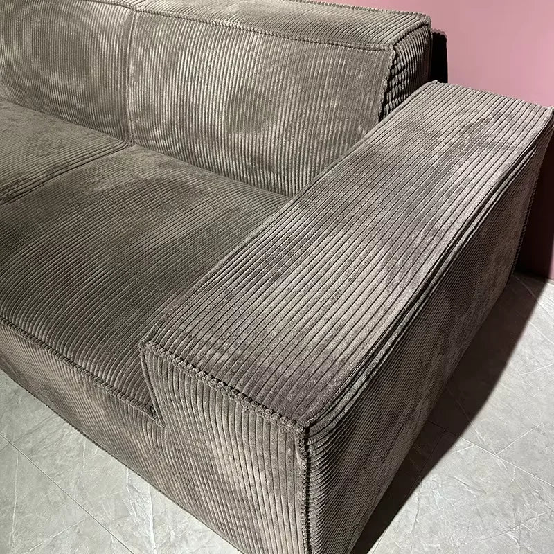 Vacuum-compressed Rolled-up Tofu Block Sofa with Corduroy Fabric, Retro Straight-leg Design, Designer-style Upholstered Sofa.
