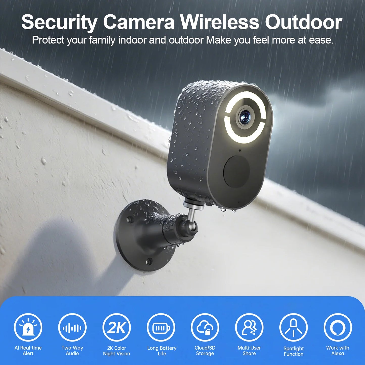 WESECUU 3MP IP66 Night Vision Smart Battery Camera Motion Detection Alarm Message Push Wireless Outdoor Security Camera Wifi
