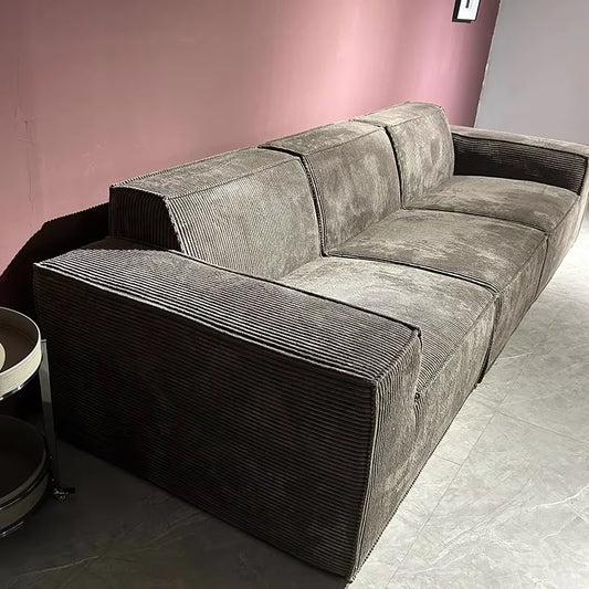 Vacuum-compressed Rolled-up Tofu Block Sofa with Corduroy Fabric, Retro Straight-leg Design, Designer-style Upholstered Sofa.