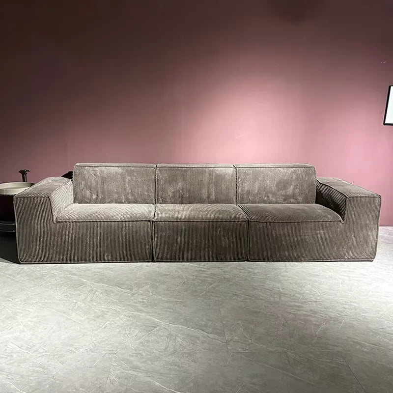 Vacuum-compressed Rolled-up Tofu Block Sofa with Corduroy Fabric, Retro Straight-leg Design, Designer-style Upholstered Sofa.