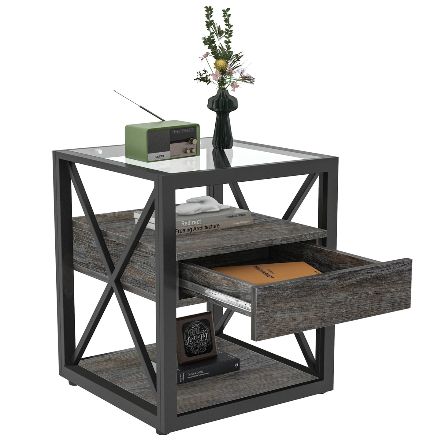 Modern Glass Top Modern 2-layer Side Table End Table with Drawer - Nightstand for Living Room Furniture Ready to Ship