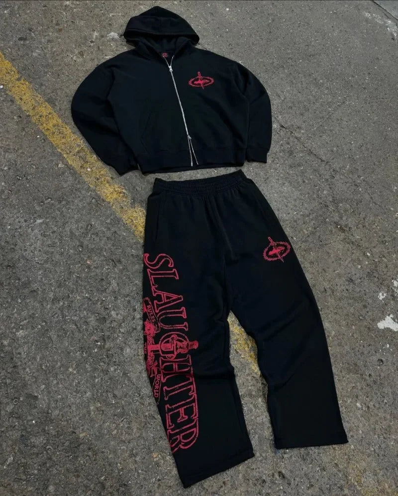 Y2KHip-Hop High Street Trendy Streetwear Sports Set Retro Harajuku Zipper Hoodie Gothic Punk Letter Print Casual LooseSweatpants