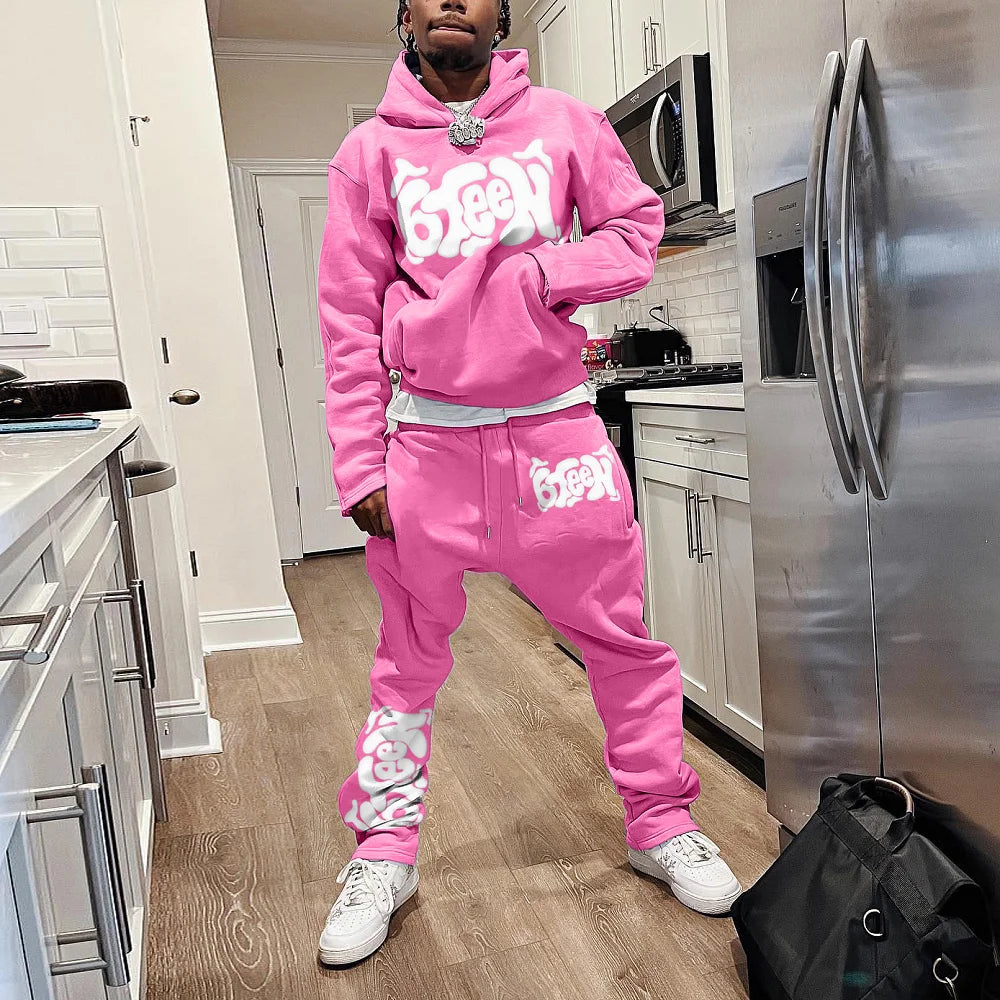 Men's Autumn Winter Hoodie Suit Two-piece 3D Printed Sportswear Casual Flare Pants Sportswear Set Y2k Streetwear Men's Clothing