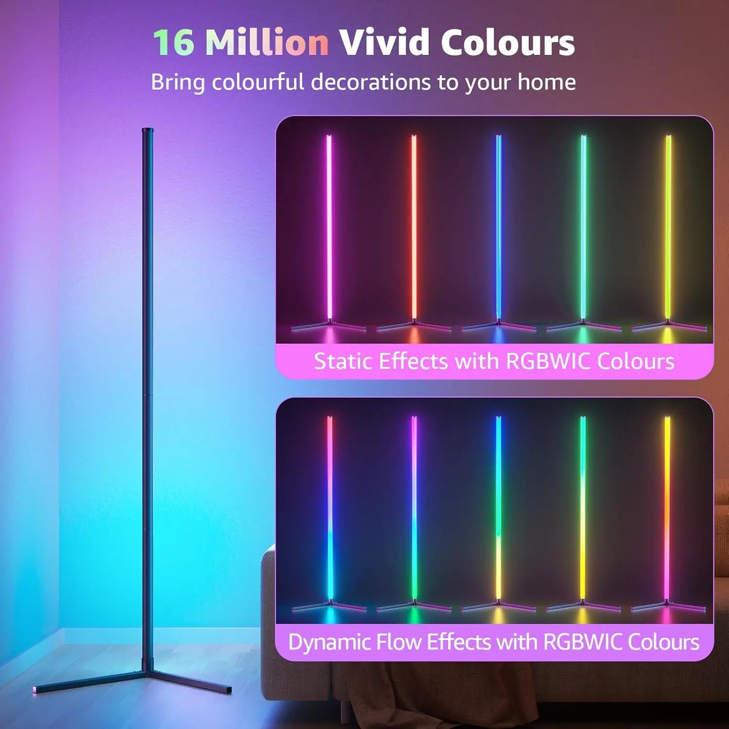 Smart RGB Dream Color Floor Lamp with Music Sync Modern 16 Million Color Changing Standing Mood Light with APP & Remote Control