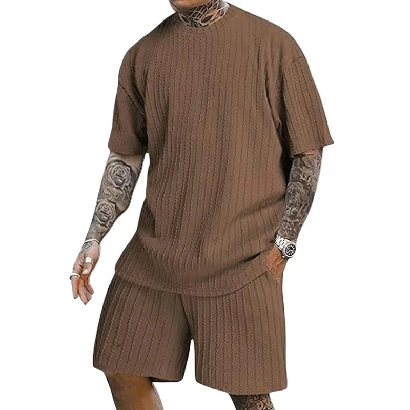 Men's Two Pcs Suits Outdoor Sports Running T-shirt Shorts Sets Solid Stripe Short-sleeve Men Spring Summer Casual Gym Sportswear