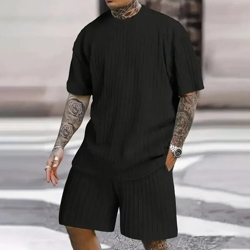 Men's Two Pcs Suits Outdoor Sports Running T-shirt Shorts Sets Solid Stripe Short-sleeve Men Spring Summer Casual Gym Sportswear