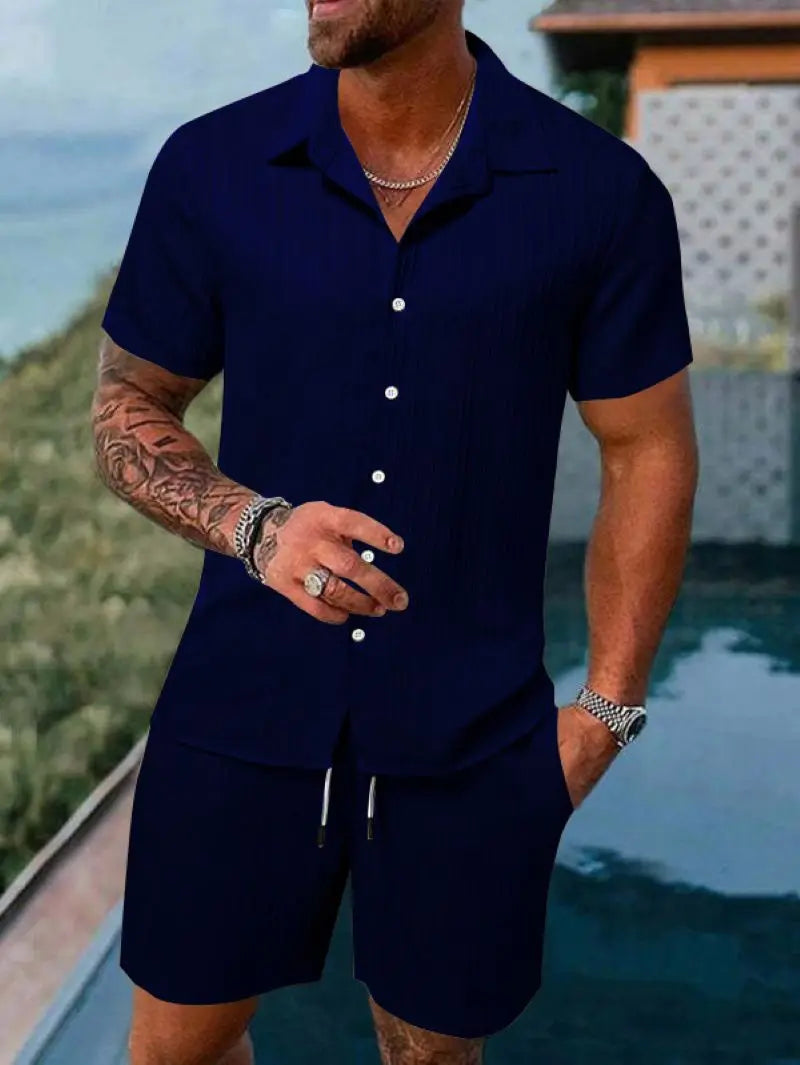 Spring and summer Europe and the United States new men's striped jacquard beach suit loose shorts shirt