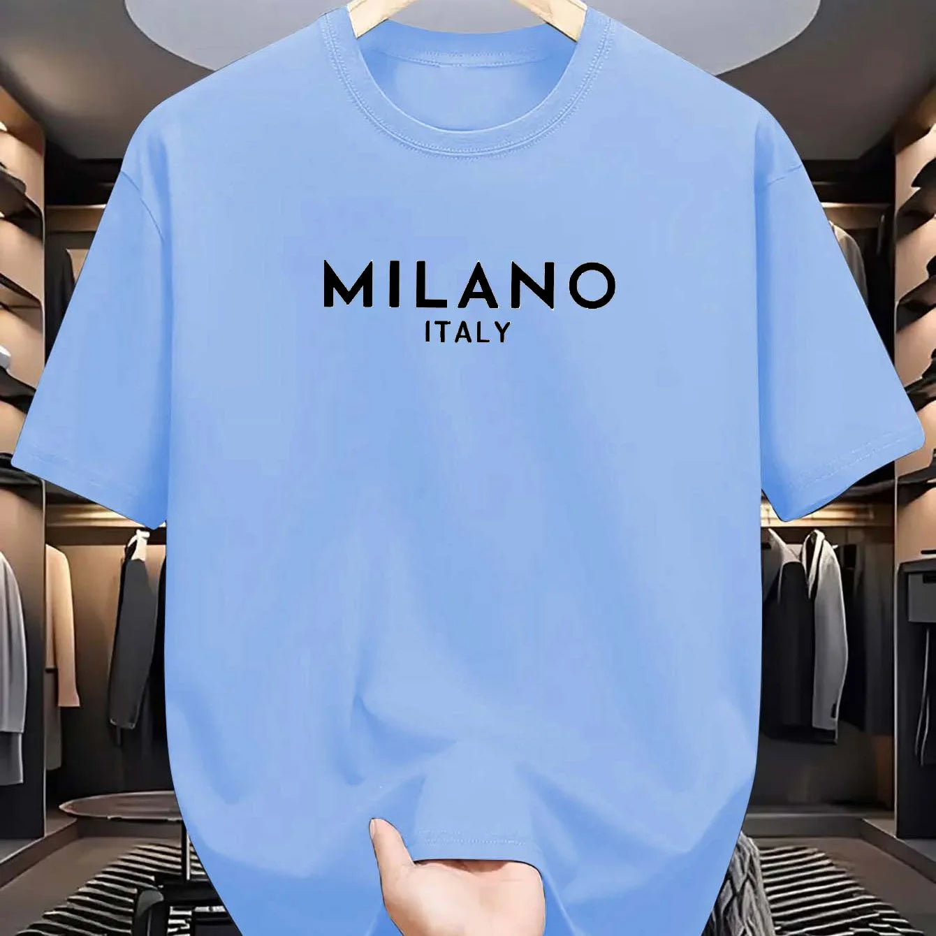 Summer men's 100% pure cotton casual loose and fashionable MILANO ITALY letter printed round neck short sleeved T-shirt top