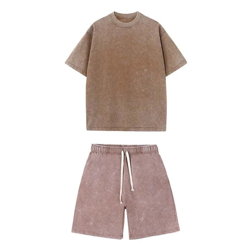 Washed and aged short-sleeved T-shirt and shorts set. Unisex. European size. Stir-fried snowflake design. Summer top set.