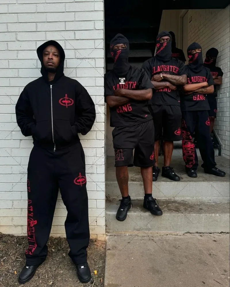 Y2KHip-Hop High Street Trendy Streetwear Sports Set Retro Harajuku Zipper Hoodie Gothic Punk Letter Print Casual LooseSweatpants