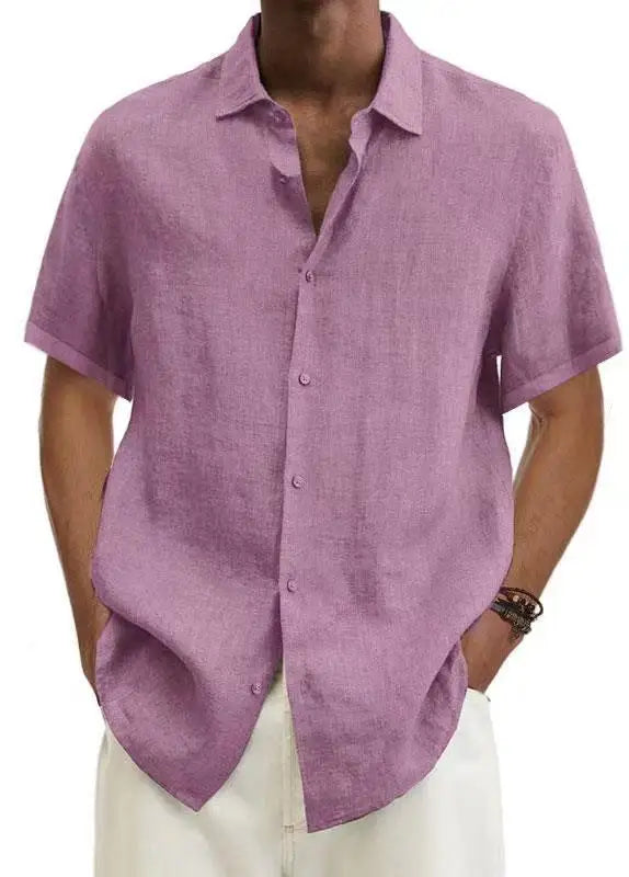 Basic Summer Men's Shirt Cotton Linen Short-sleeved Button Lapel Simple Top Casual Office Blouses for Male