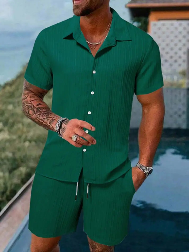 Spring and summer Europe and the United States new men's striped jacquard beach suit loose shorts shirt