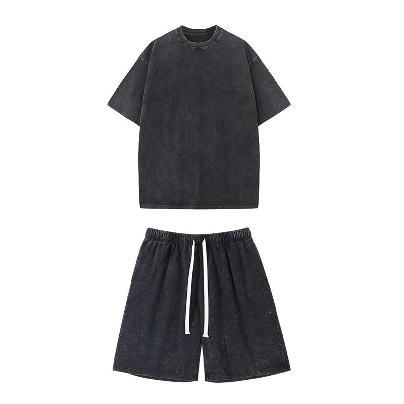 Washed and aged short-sleeved T-shirt and shorts set. Unisex. European size. Stir-fried snowflake design. Summer top set.