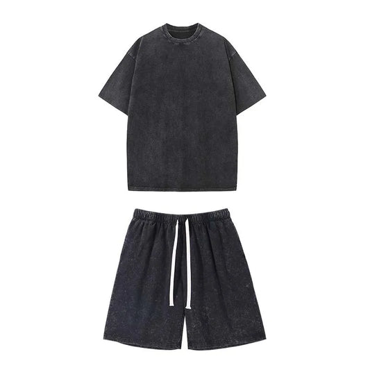 Washed and aged short-sleeved T-shirt and shorts set. Unisex. European size. Stir-fried snowflake design. Summer top set.