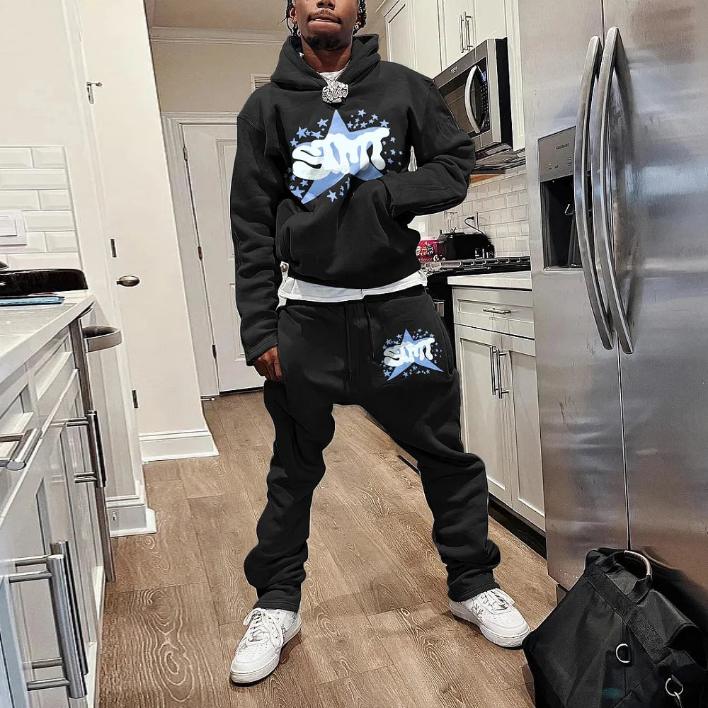 Men's Autumn Winter Hoodie Suit Two-piece 3D Printed Sportswear Casual Flare Pants Sportswear Set Y2k Streetwear Men's Clothing