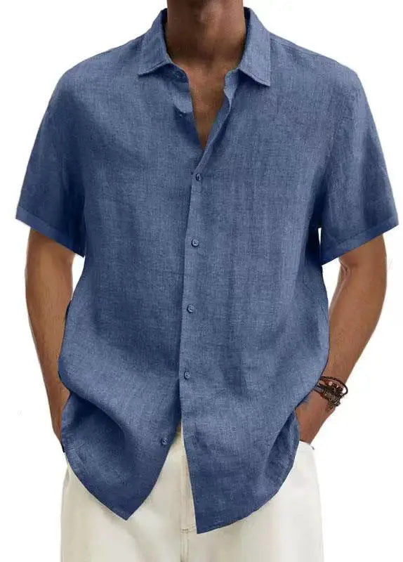 Basic Summer Men's Shirt Cotton Linen Short-sleeved Button Lapel Simple Top Casual Office Blouses for Male