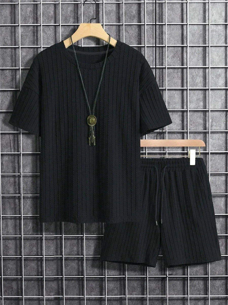 Men's Two Pcs Suits Outdoor Sports Running T-shirt Shorts Sets Solid Stripe Short-sleeve Men Spring Summer Casual Gym Sportswear