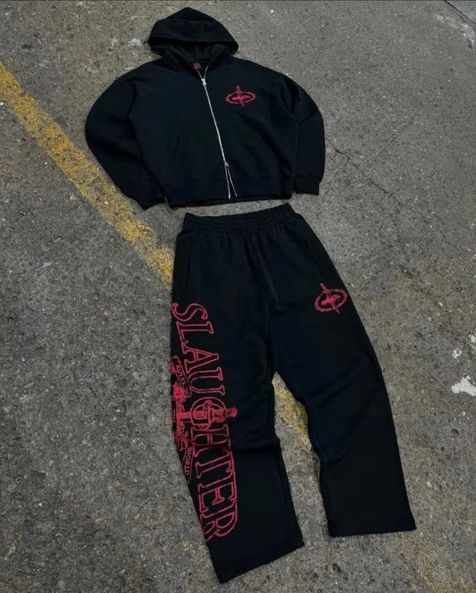 Y2KHip-Hop High Street Trendy Streetwear Sports Set Retro Harajuku Zipper Hoodie Gothic Punk Letter Print Casual LooseSweatpants
