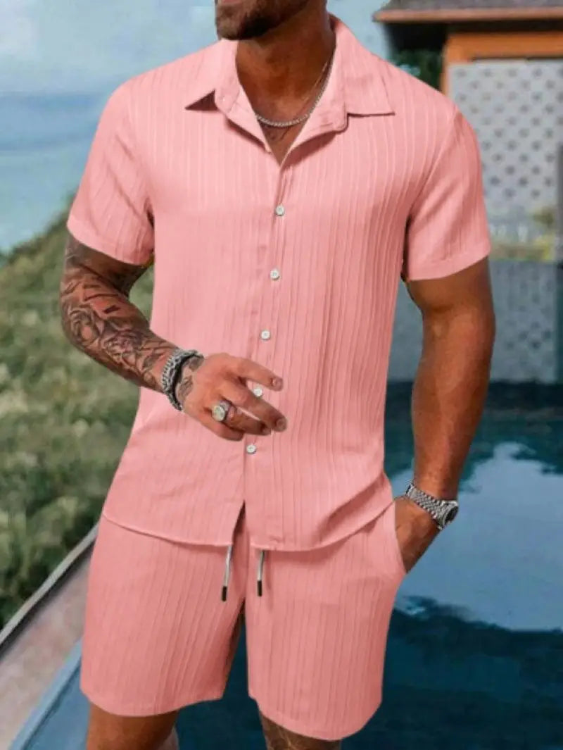Spring and summer Europe and the United States new men's striped jacquard beach suit loose shorts shirt