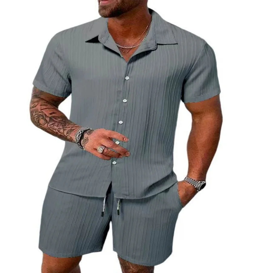 Spring and summer Europe and the United States new men's striped jacquard beach suit loose shorts shirt