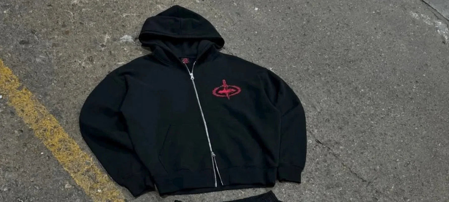 Y2KHip-Hop High Street Trendy Streetwear Sports Set Retro Harajuku Zipper Hoodie Gothic Punk Letter Print Casual LooseSweatpants