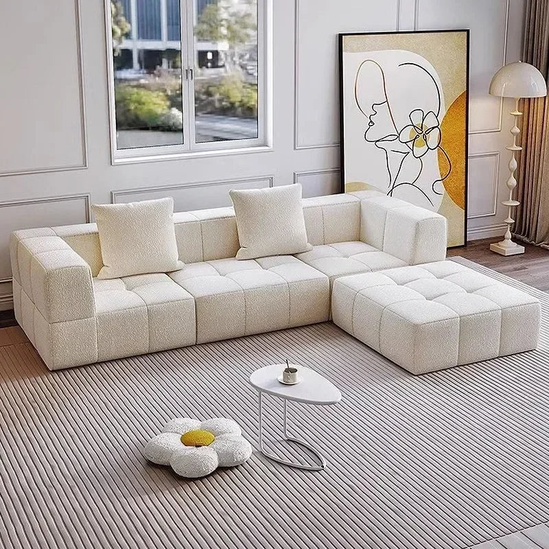 Modular L - Shaped Sectional Sofa in Cream Color with Plush Pillows, Compressed Sofa, Support Color Customization home furniture