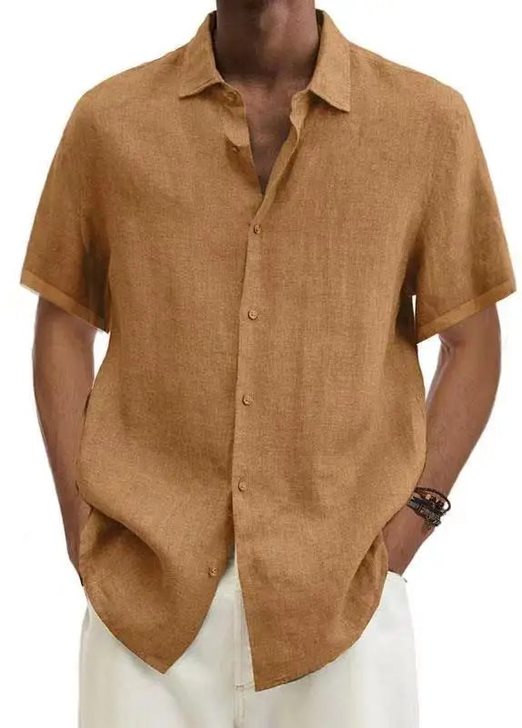 Basic Summer Men's Shirt Cotton Linen Short-sleeved Button Lapel Simple Top Casual Office Blouses for Male