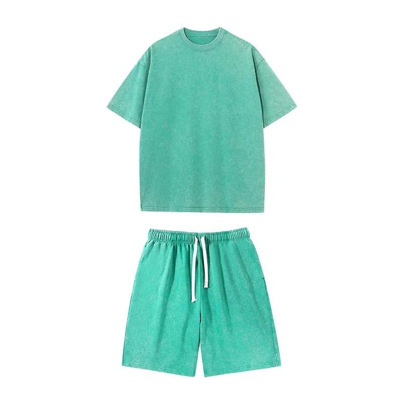 Washed and aged short-sleeved T-shirt and shorts set. Unisex. European size. Stir-fried snowflake design. Summer top set.