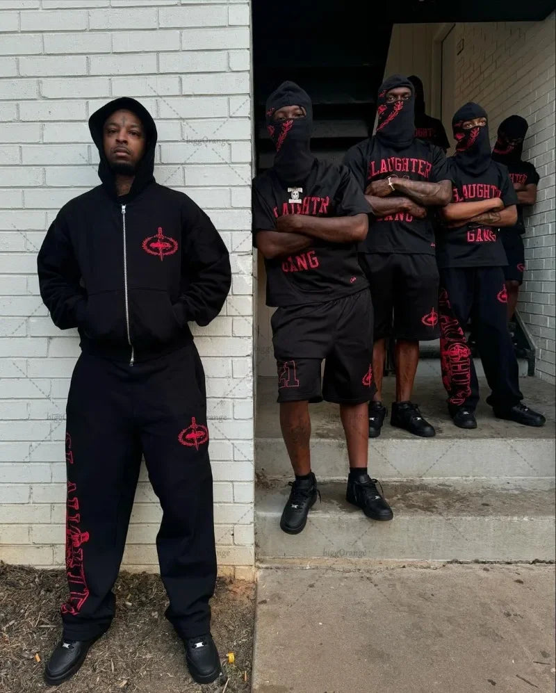 Y2KHip-Hop High Street Trendy Streetwear Sports Set Retro Harajuku Zipper Hoodie Gothic Punk Letter Print Casual LooseSweatpants