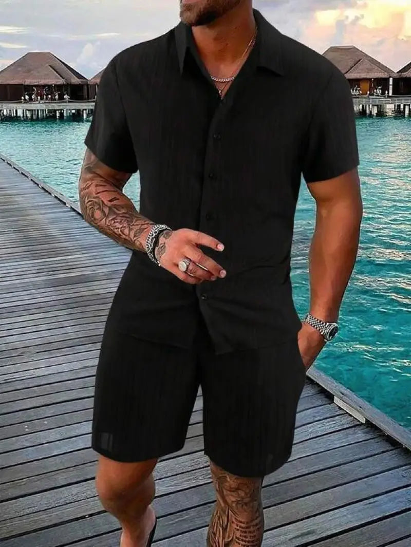 Spring and summer Europe and the United States new men's striped jacquard beach suit loose shorts shirt