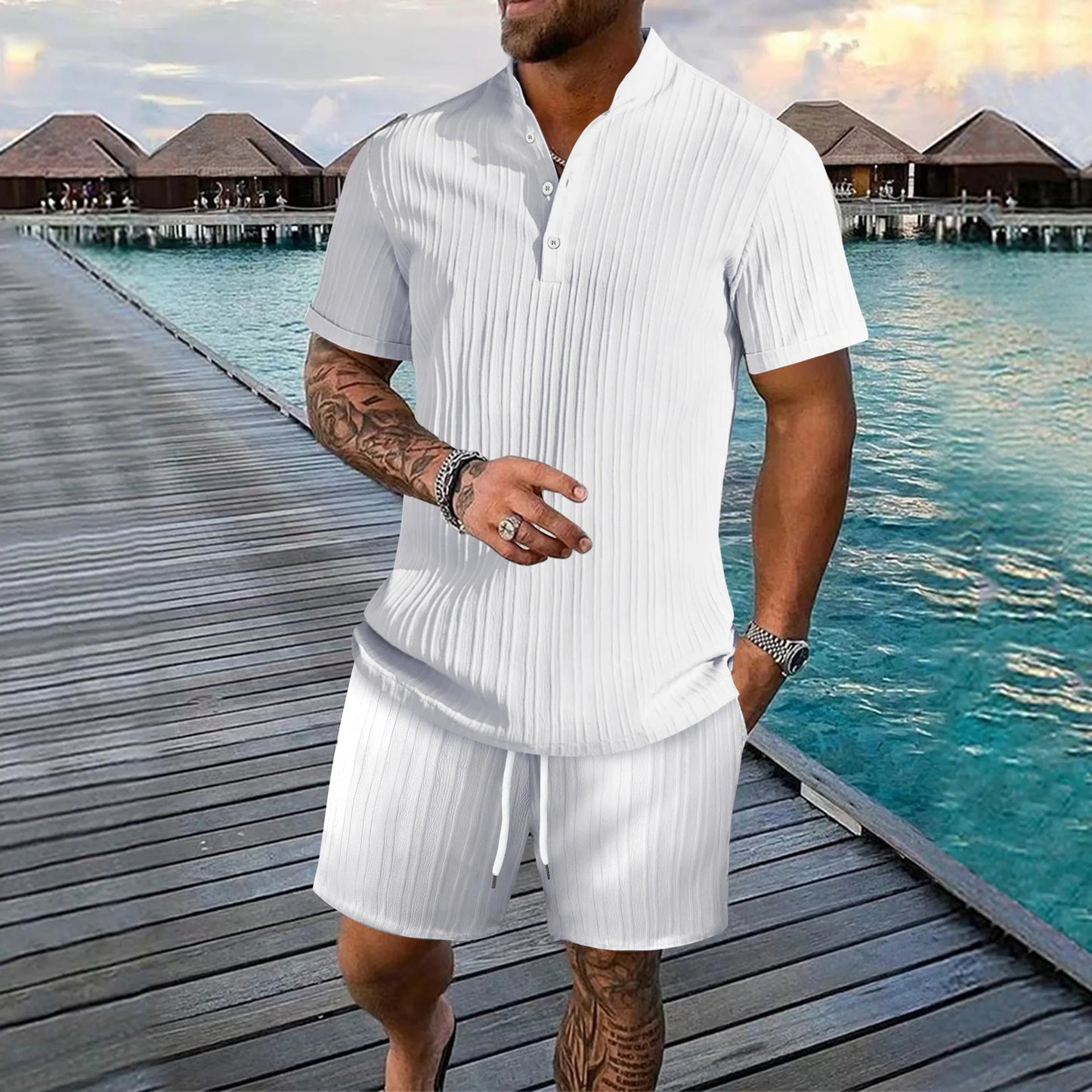 Spring and summer Europe and the United States new men's striped jacquard beach suit loose shorts shirt