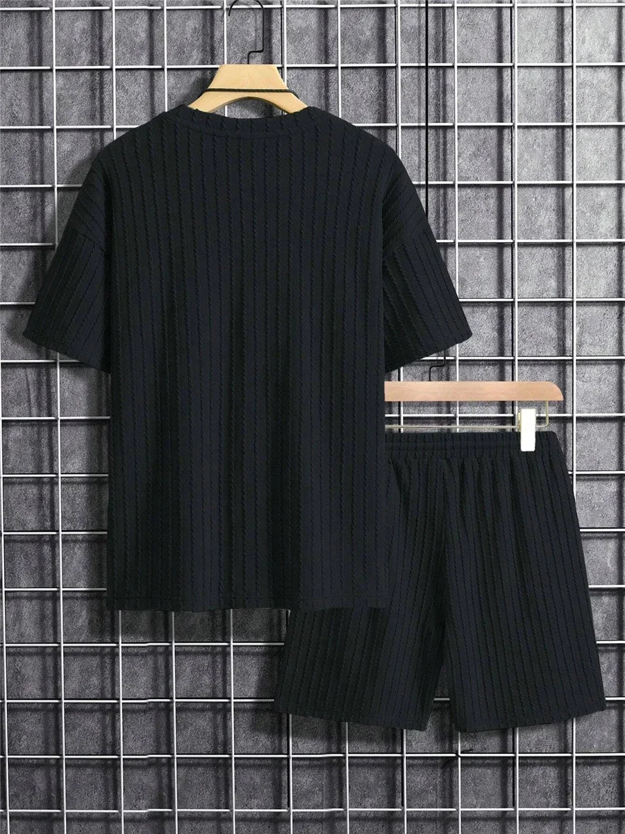 Men's Two Pcs Suits Outdoor Sports Running T-shirt Shorts Sets Solid Stripe Short-sleeve Men Spring Summer Casual Gym Sportswear