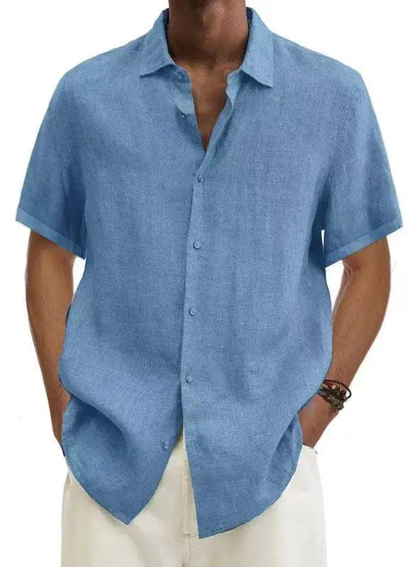 Basic Summer Men's Shirt Cotton Linen Short-sleeved Button Lapel Simple Top Casual Office Blouses for Male