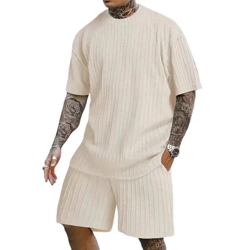 Men's Two Pcs Suits Outdoor Sports Running T-shirt Shorts Sets Solid Stripe Short-sleeve Men Spring Summer Casual Gym Sportswear