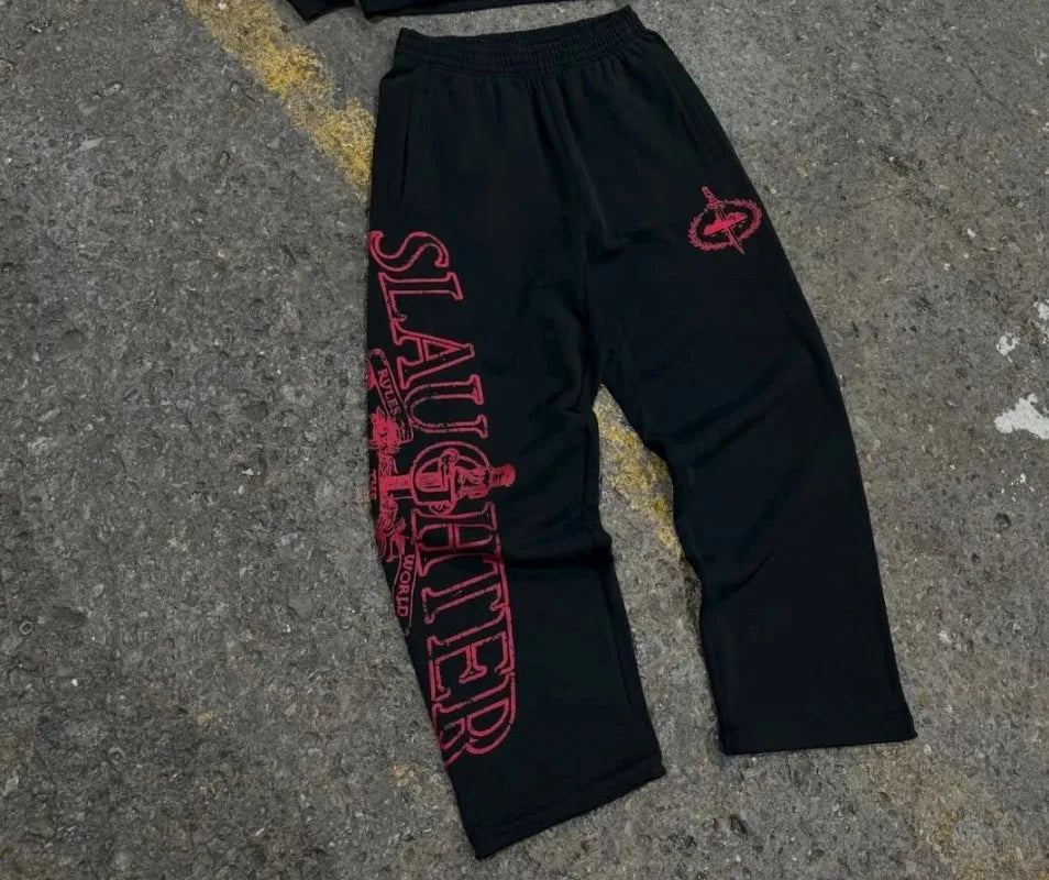 Y2KHip-Hop High Street Trendy Streetwear Sports Set Retro Harajuku Zipper Hoodie Gothic Punk Letter Print Casual LooseSweatpants
