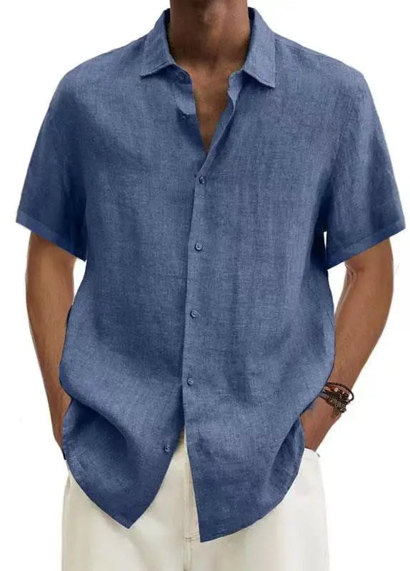 Basic Summer Men's Shirt Cotton Linen Short-sleeved Button Lapel Simple Top Casual Office Blouses for Male