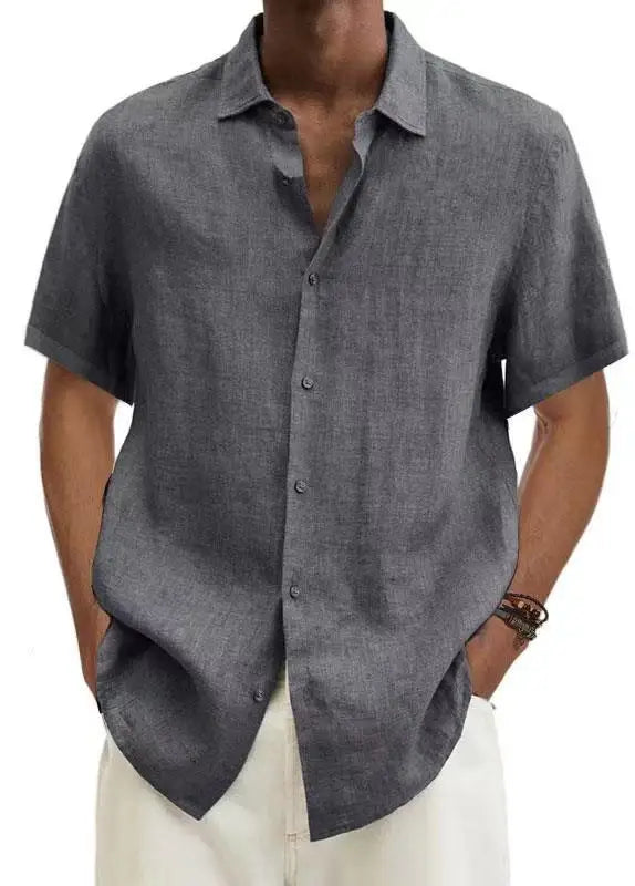 Basic Summer Men's Shirt Cotton Linen Short-sleeved Button Lapel Simple Top Casual Office Blouses for Male